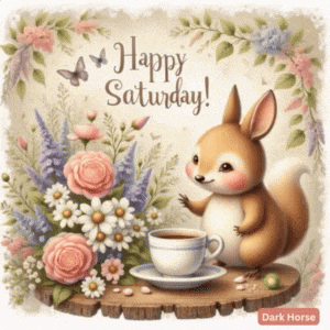 Happy Saturday! Smiling Critter with Coffee & Flowers