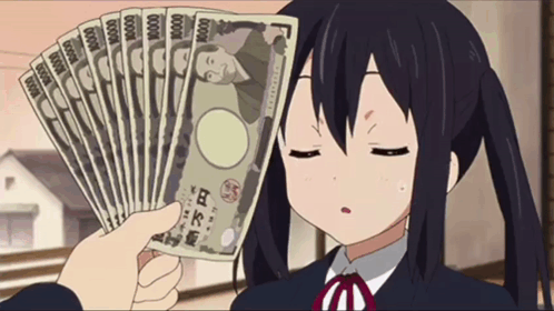 Azusa Nakano from the hit anime 'K-ON' almost fainting because of a big wad of money