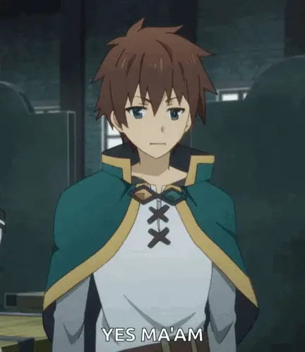 Kazuma Sato Salutes in Konosuba: 'Yes Ma'am' – free GIF download