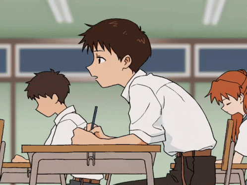 Shinji Ikari from the anime 'Evangelion' sitting at his desk at school