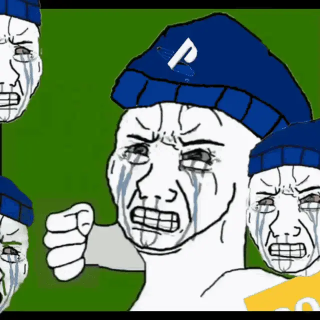 Crying Meme Faces in Sony PS5 Hats