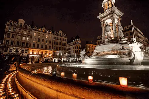 Lyon: Night Fountain with Candles