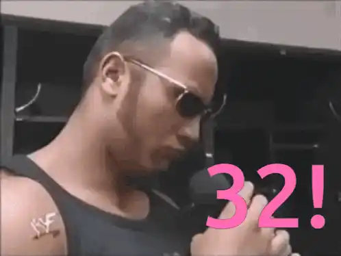 32! Man in sunglasses gestures