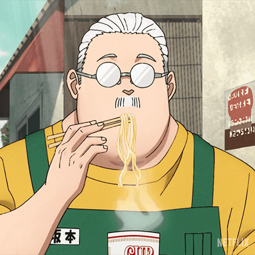 Sakamoto from the anime Sakamoto Days eating soba