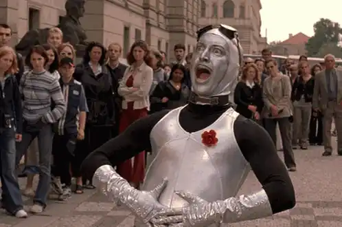 Robot Mime Entertains Crowd in Public Square