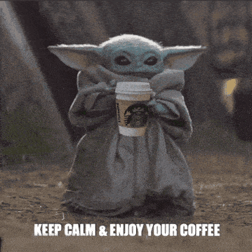 Baby Yoda Grogu Enjoys Coffee