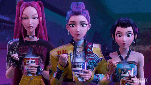 Rumi, Mira, Zoey Eating Noodles