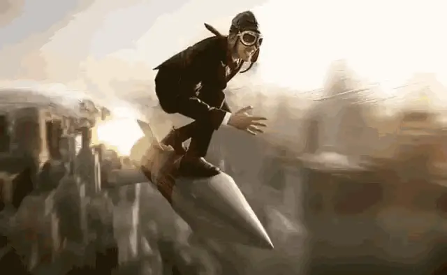 Man Rocket Surfing Over City