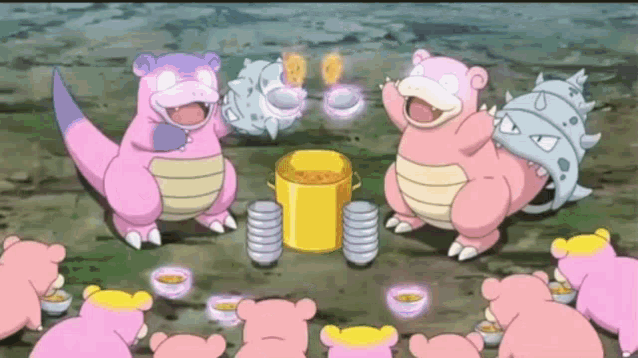 Slowbro and Slowpoke Eating Ramen