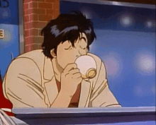 Anime character shrugging while drinking coffee