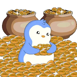 Penguin with Gold Coins and Pots of Money