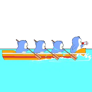 Penguin Rowing Team with Megaphone Leader