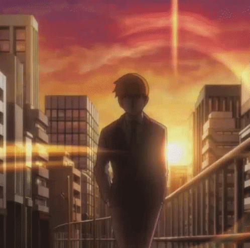Reigen from the anime 'Mob Psycho 100' walking while the sun is setting behind him