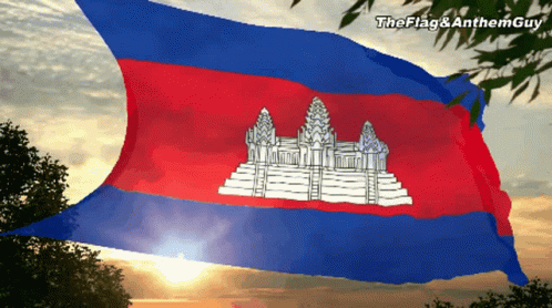 Cambodia Khmer Flag Waving at Sunset