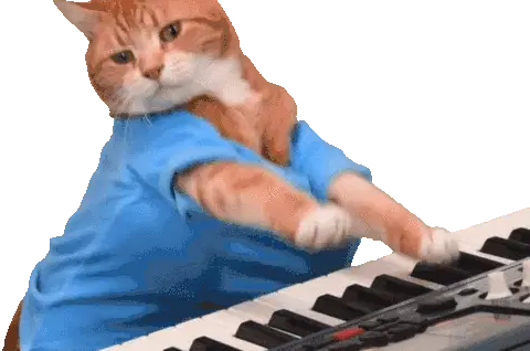 Cat Love Playing Piano in Blue Shirt
