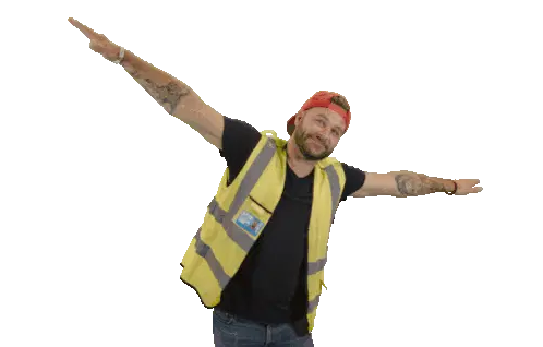 Man in High-Vis Vest, Red Cap, Arms Outstretched