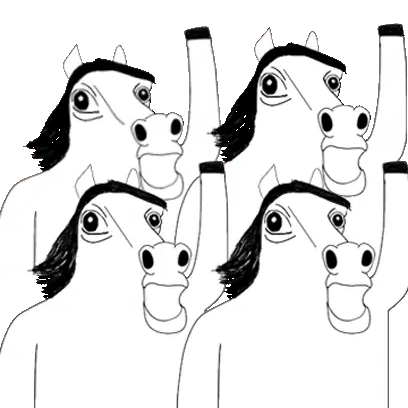 Four Horse Heads Raising Arms Comic
