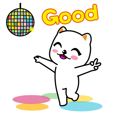 Cute Cat Dancing with Disco Ball and 'Good' Text
