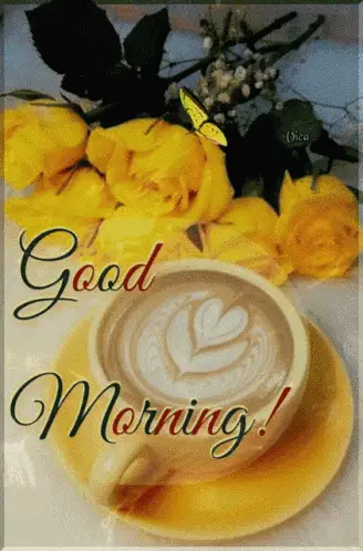 Good Morning Coffee with Yellow Roses – good morning memes meme GIF free download no watermark 2026