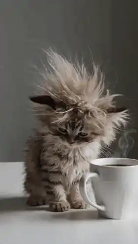 Fluffy Kitten Needs Coffee