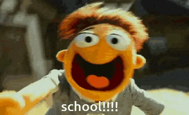 Excited Muppet Yells 'School!' – school memes meme GIF free download no watermark 2026