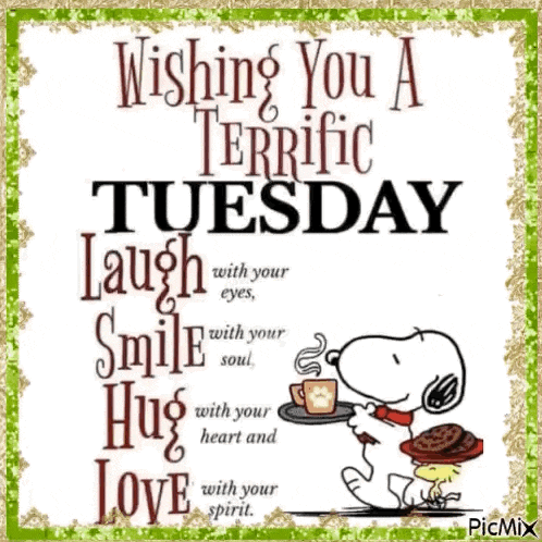 Snoopy wishing a Terrific Tuesday with coffee