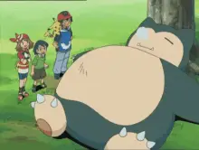 Sleeping Snorlax with Ash and Friends