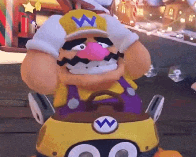 Wario's Frustrated Reaction in Mario Kart