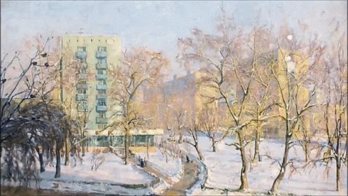 Snowy Winter Park Painting with Apartment Building