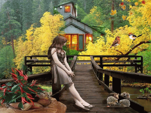 Autumn Fall: Woman on Bridge