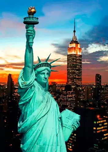Statue of Liberty & Empire State Building at Sunset