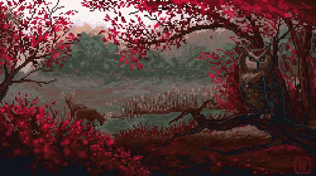 Calm Pixel Art Forest: Owl, Deer & Red Trees