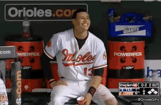 Manny Machado Laughing in Orioles Dugout