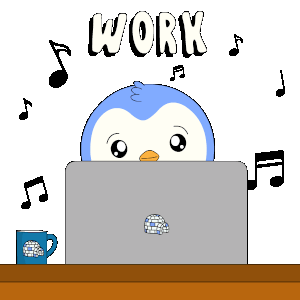 Penguin Working on Laptop, Coffee, 'WORK' Text