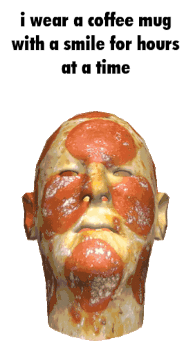 Pepperoni Pizza Head with Coffee Mug Smile Caption
